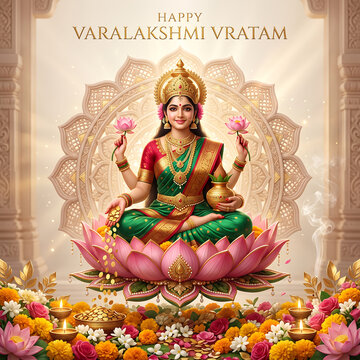 Divine goddess seated on blooming lotus flower surrounded by traditional gold coins with traditional attire sitting female deity traditional