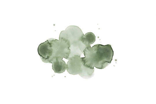 Single olive green watercolor paint splash with soft edges and paint droplets isolated on a black background, for usage