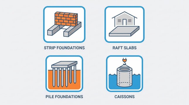 Foundation Types in Construction Engineering Icon Set with Strip Raft Pile and Caisson Foundations