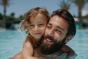Fototapeta premium Bearded father with child hugging while standing in pool