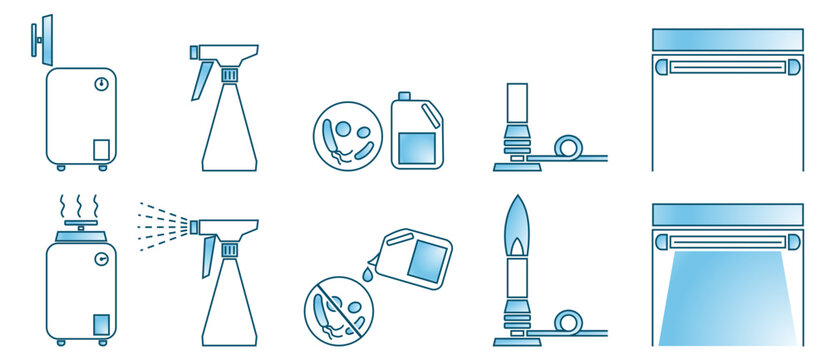 Laboratory sterilization icons. Autoclave, Splaying, Disinfectant, Flame, and UV. Vector illustration.