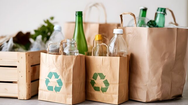 Recycling bags filled with glass bottles and plastic containers for reuse and environmental sustainability