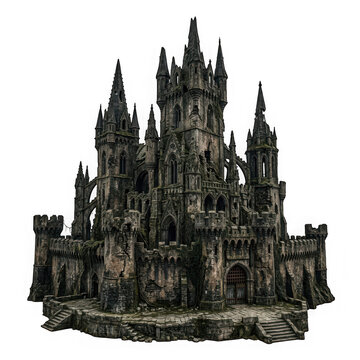 Gothic medieval castle with stone towers and spires isolated on transparent background