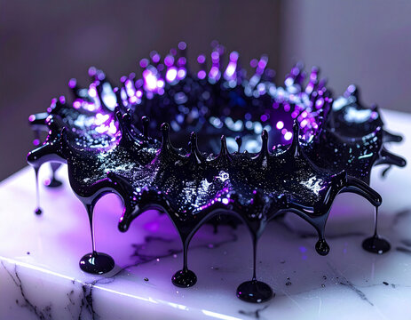 Magnetic ferrofluid forming sharp cybernetic spikes on a polished marble platform