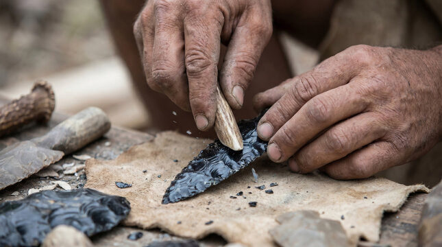 Close-Up of Primitive Human Hands Crafting Stone Tool with Flint Knapping