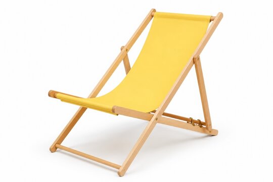 Bright yellow canvas wooden folding deck chair. Premium outdoor patio furniture mockup isolated on white background for commercial exterior design, sunny beach resorts, and vibrant summer relaxation.