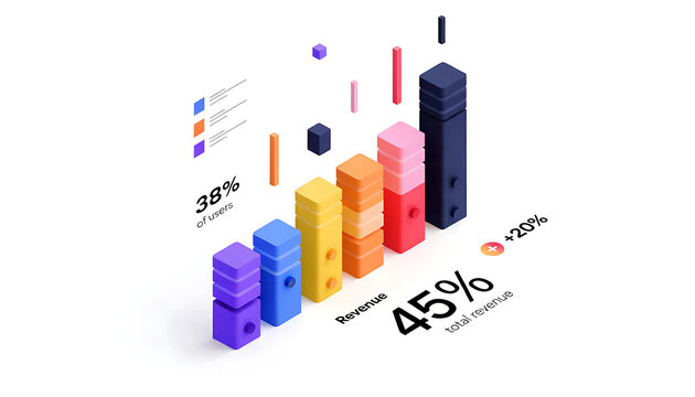 Colorful 3D Bar Chart Illustrating Revenue Growth and User Statistics data