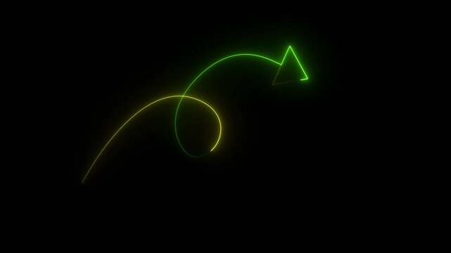 Glowing yellow and green curved arrow motion a and animation set against a dark black background neon gradient direction light pointing neon gradient direction light pointing