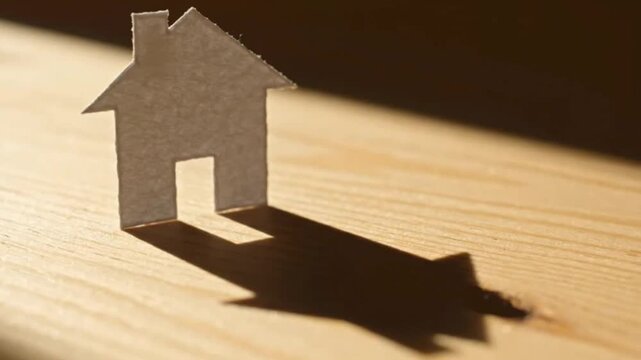 Small paper house cutout standing on wooden surface during sunrise with long dramatic shadow movement across grain showing real estate mortgage concept footage.