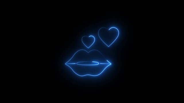 Neon blue lips and hearts glowing animation a stylish featuring a pair of and two pulsing against a dark background love romance kiss passion design love romance kiss passion design