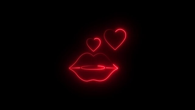 Glowing red lips and hearts neon motion graphic outline of and floating softly against a black background, perfect for romantic themes love romance kiss passion design