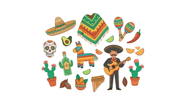 Mexican fiesta vector element set with mariachi musician sombrero poncho pinata sugar skull and cactus isolated on white background