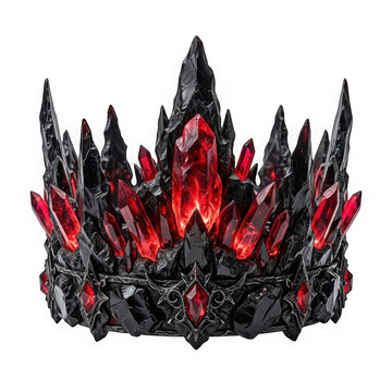 Gothic crown made of black obsidian stone and glowing red crystals isolated on transparent background