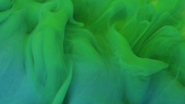 Ink drop. Paint background. Defocused green blue color vibrant texture fume vapor bright splash spreading on acrylic art abstraction.
