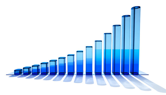 Transparent blue glass bar graph showing upward trend on white background chart data