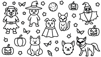 Obraz premium Adorable Canine Characters Celebrating Halloween in Playful Costumes, a Fun Collection of Spooky and Cute Doodle Illustrations Perfect for Festive Designs