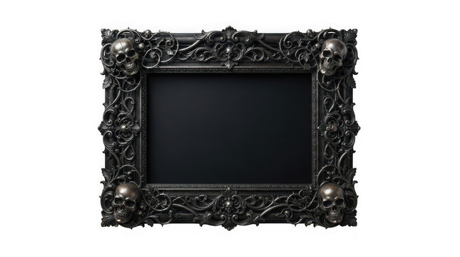 Ornate gothic picture frame with skulls and dark filigree isolated on transparent background