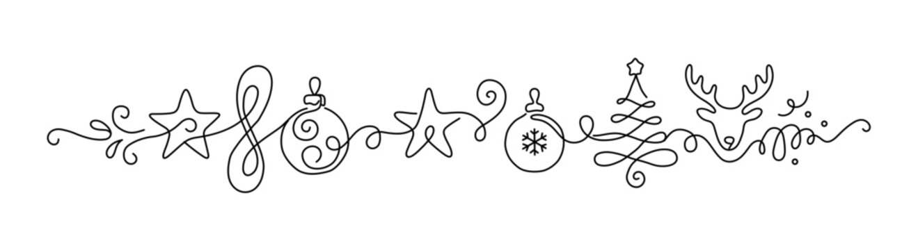 Continuous Line Art Christmas Garland with Reindeer Tree Stars and Baubles Vector