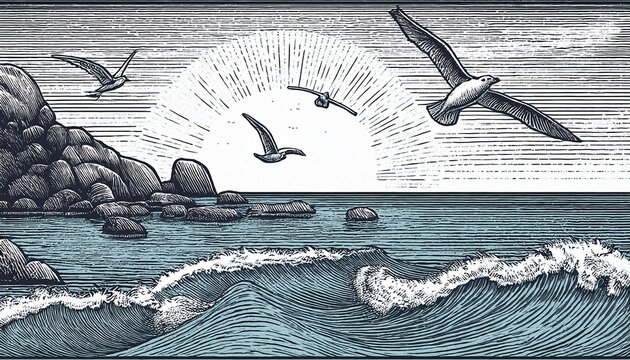 coastal rocky shore with waves and seabirds flying over ocean engraving