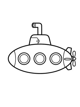 Submarine surfacing with periscope raised. Vintage military submersible illustration in line art style for naval design.