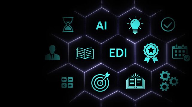 Digital edi electronic data interchange concept with glowing hexagonal network interface, artificial intelligence integration, corporate business strategy and modern data connectivity visualization