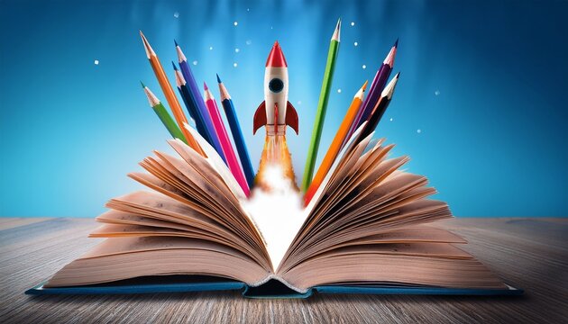 open book with colored pencils coming out rocket taking off