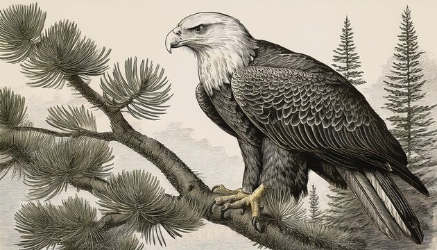 vintage engraving of eagle perched on twisted pine tree branch with detailed foliage