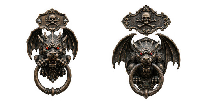 Two ornate bronze gargoyle door knockers with red glowing eyes and skull motifs isolated on transparent background
