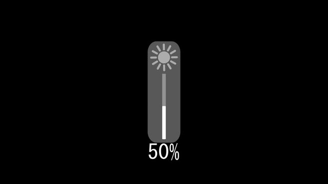 brightness icon animation on black background, brightness slider level adjust 0 to 100, simple brightness contrast icon animated.4k video