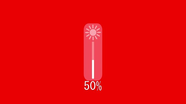 brightness icon animation on red background, brightness slider level adjust 0 to 100, simple brightness contrast icon animated.4k video