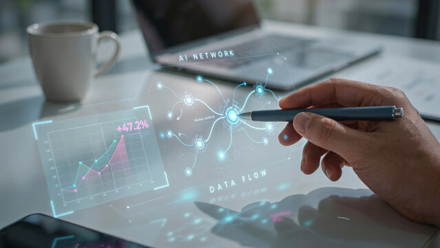 Researcher pointing at healthtech medical AI data network diagram