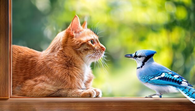 ginger orange tabby cat resting wooden windowsill observing blue jay bird through glass capturing curious indoor pet interaction bright sunny summer day green garden background