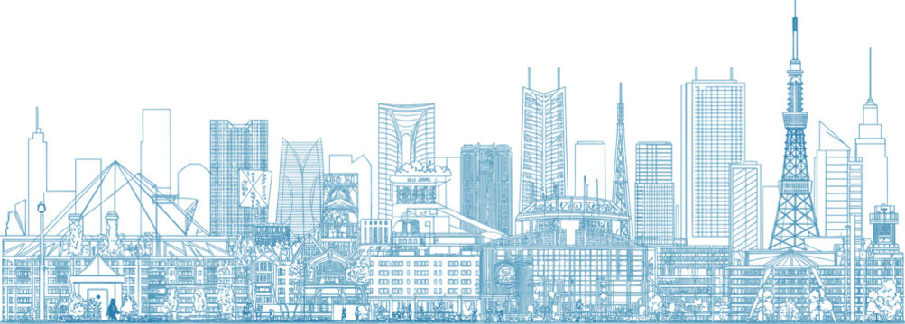Tokyo city skyline detailed line art panorama, blue architectural vector building landmarks linear illustration sketch