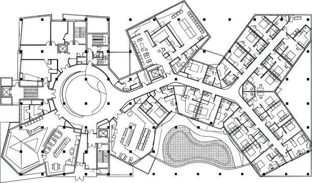 Architectural floor plan of a modern building complex