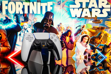 Fototapeta premium August 2, 2026, Odessa, Ukraine. Sony PS5 controller with Fortnite x Star Wars artwork back