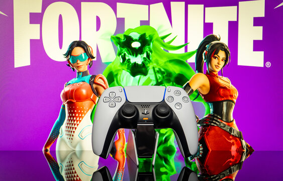 August 2, 2026, Odessa, Ukraine.  Sony PS5 controller on stand with Fortnite video game back