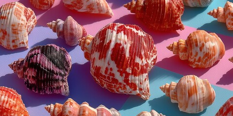 Obraz premium Assortment of natural sea shells with diverse textures. Home decor item. sea shells in a pile closeup, empty washed shells of sea mollusks. High quality photo