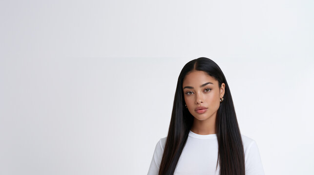 young latina woman with sleek black hair in studio portrait, elegant diverse female beauty portrait with earrings and white background, minimalistic fashion portrait of attractive young woman looking 