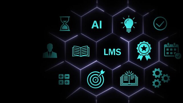 Digital learning management system lms concept with ai integration and educational in a futuristic hexagonal network interface for corporate training, e-learning platforms, and online education