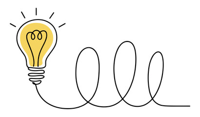 Glowing light bulb with a continuous black line coil on transparent background © ROK