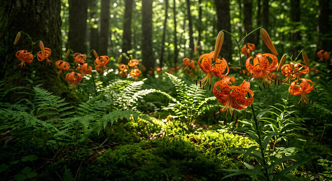 Orange tiger lilies blooming in a lush green forest, wild lily flowers growing among ferns and moss, sunlit woodland landscape with vibrant flora