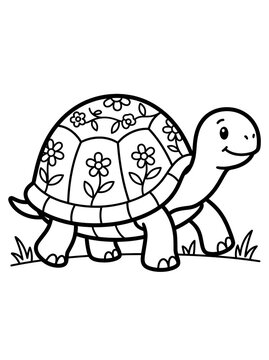 Hand-drawn cartoon turtle walking on grass. Cute animal character illustration with floral shell design for kids and education.
