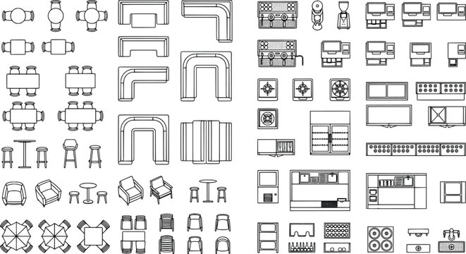 Set of architectural furniture and equipment icons for floor plans