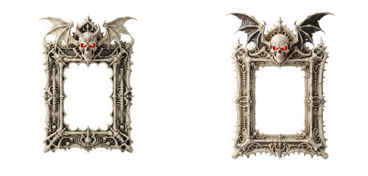 Macabre gothic picture frame with demon skull and bat wings isolated on transparent background