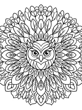 Stylized owl vector illustration with intricate feather patterns. Minimalist black and white wildlife art for branding and decor.