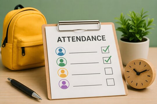 Attendance list on clipboard with school supplies for the concept of education and student tracking.