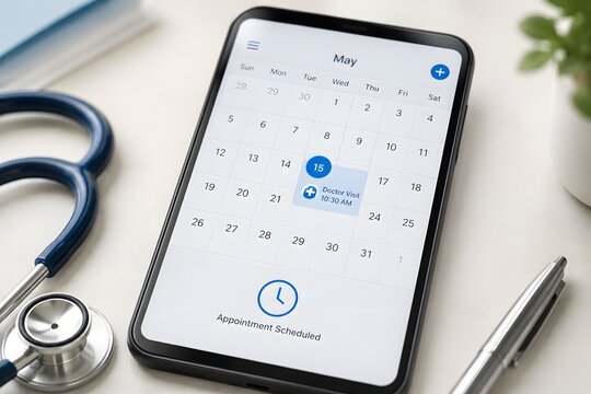 Smartphone with medical appointment on calendar screen, beside a stethoscope, for the concept of healthcare and scheduling.