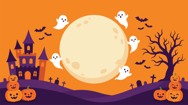 Spooky halloween background vector illustration featuring a haunted castle full moon ghosts and carved pumpkins for festive design