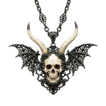 Ornate gothic skull pendant with horns and bat wings isolated on transparent background