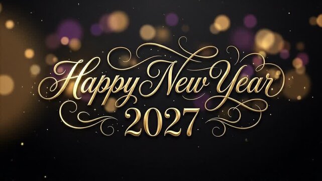 Elegant gold calligraphy text wishing a happy new year 2027 set against a luxurious black background with glowing soft focus bokeh light particles